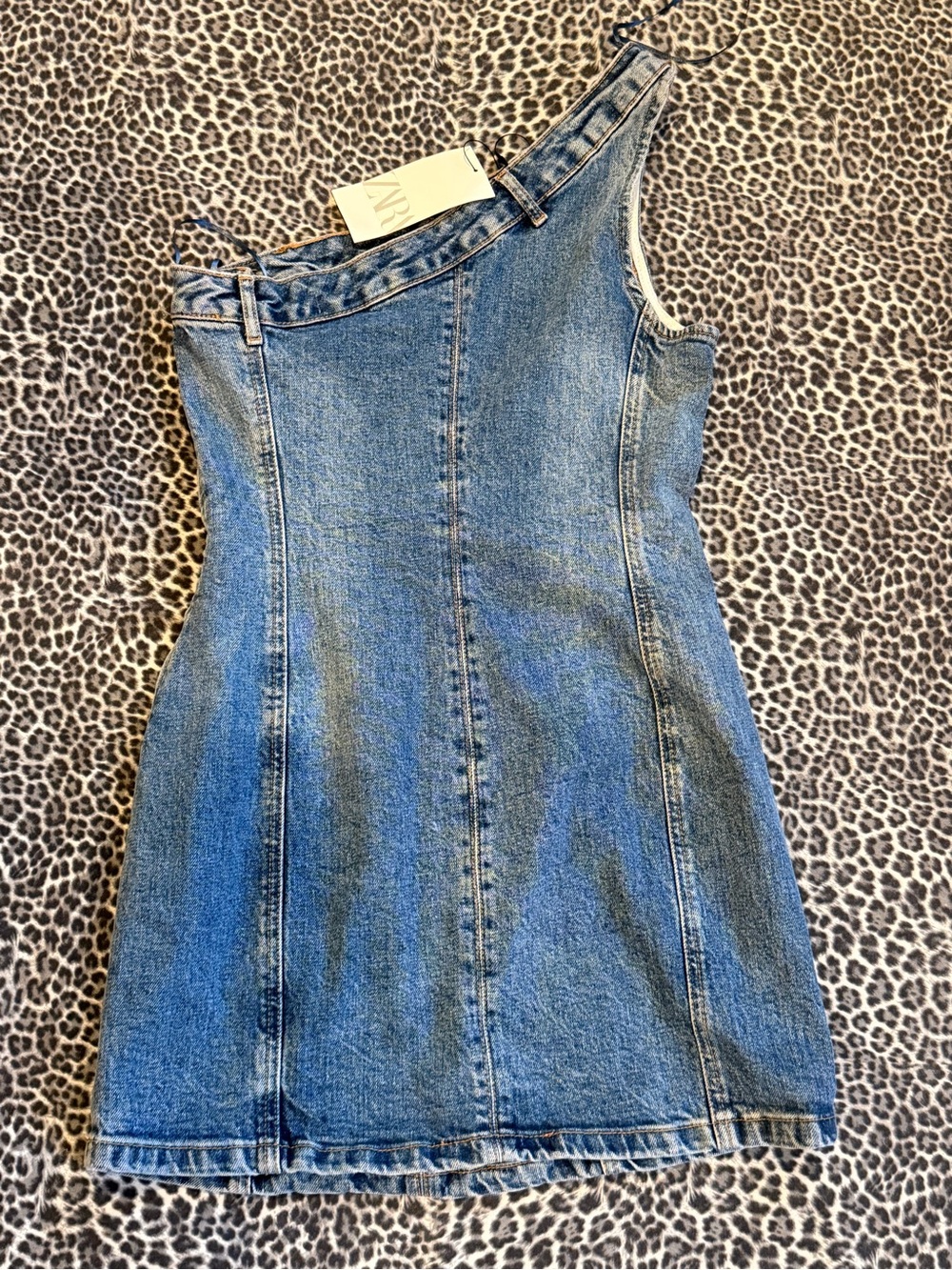 Zara Asymmetrical One-Shoulder Denim Mini Dress - Blue Size M NWT - Picture 7 of 11